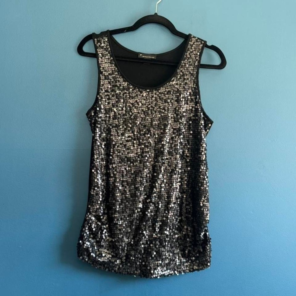 Y2K Sequin Tank Top Women's Size Medium Black Indie Party Blouse Going Out Club